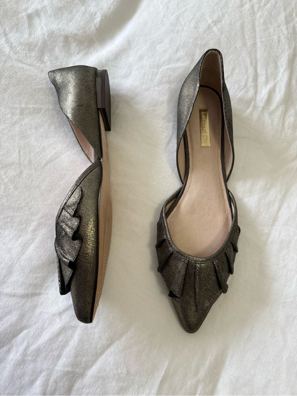 Louise et Cie | Women’s 9.5 | Bronze Leather D'Orsay Flats Pointed Toe Ruffles